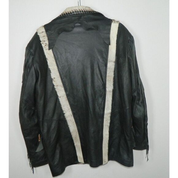 Vintage D. Frank Jacket Men Size‎ X-Large Black Leather White Fur Fringed Beaded - Picture 12 of 14